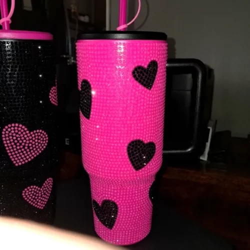 Black Pink Rhinestone Sweet Heart Print 40oz Travel Mug for Valentine 20pcs photo review