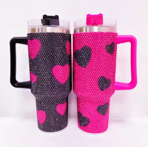 Black Pink Rhinestone Sweet Heart Print 40oz Travel Mug for Valentine 20pcs photo review