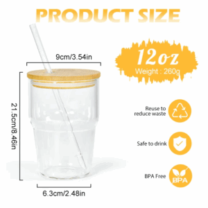 Reusable 12oz Sublimation Blank Glass Mug with BPA-Free Lids - Size