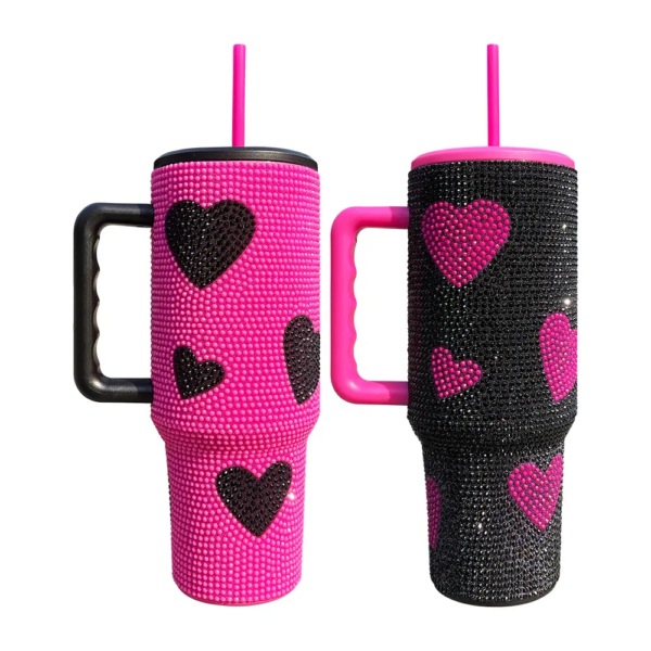 Black Pink Rhinestone Sweet Heart Print 40oz Travel Mug for Valentine