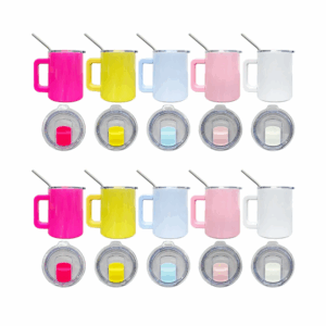 display-of-10oz-macaron-colored-sublimation-coffee-mugs-with-metal-straws