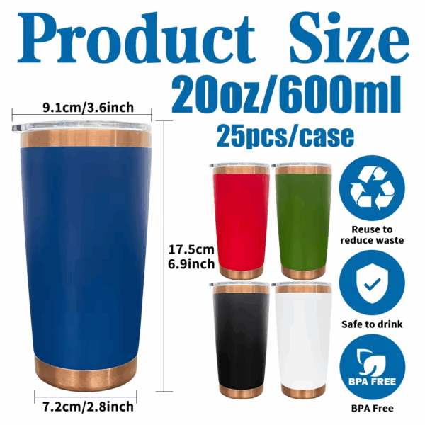 20oz Copper Plated Powder Coated Travel Mug with Magnetic Slide Lid - Size