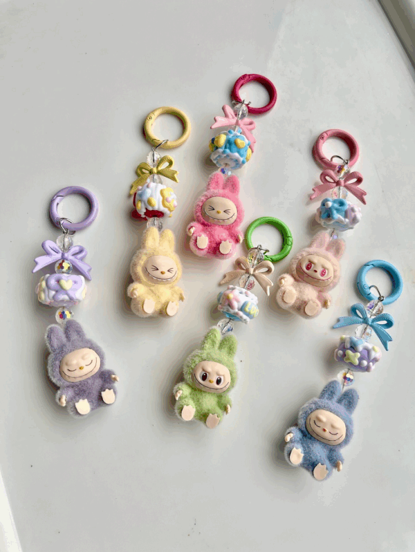 POP MART Labubu Bow-Knot Plush Doll Macaron Colored Keychain Real Shots