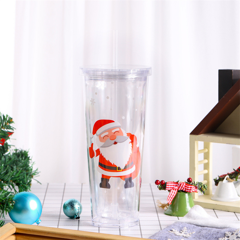 Christmas 24oz Acrylic Plastic Snow Globe Mugs with Lids and Straws