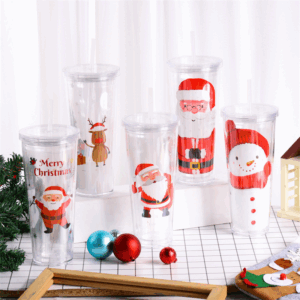 Christmas 24oz Acrylic Plastic Snow Globe Mugs with Lids and Straws