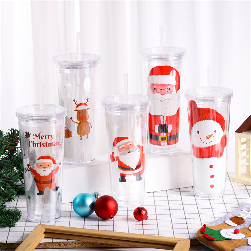 Christmas 24oz Acrylic Plastic Snow Globe Mugs with Lids and Straws