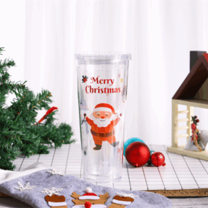 Christmas 24oz Acrylic Plastic Snow Globe Mugs with Lids and Straws