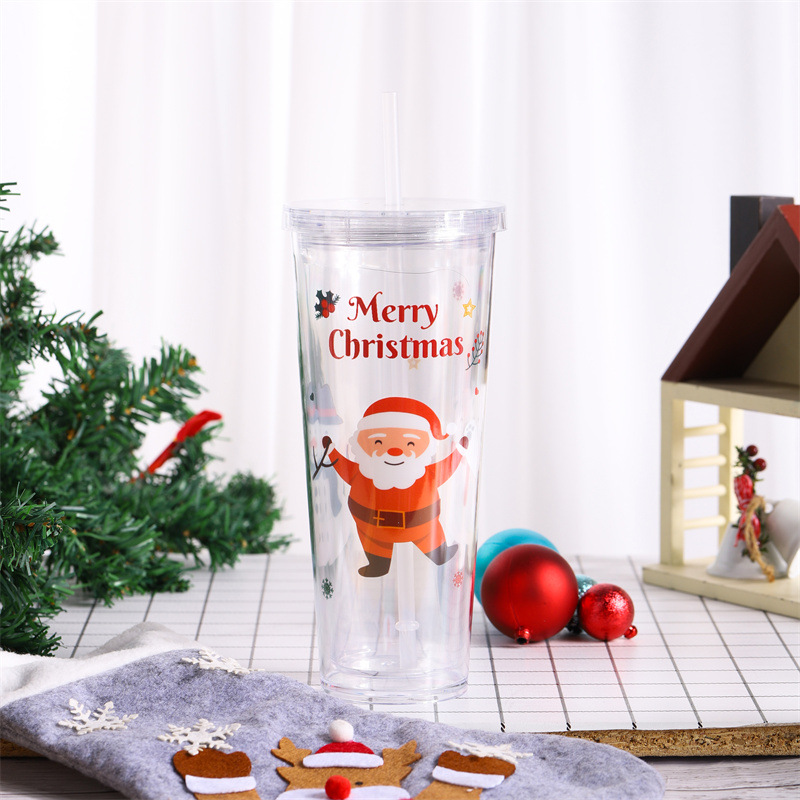 Christmas 24oz Acrylic Plastic Snow Globe Mugs with Lids and Straws