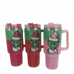 40oz Grinch Rhinestone bling Travel Mug with Handle