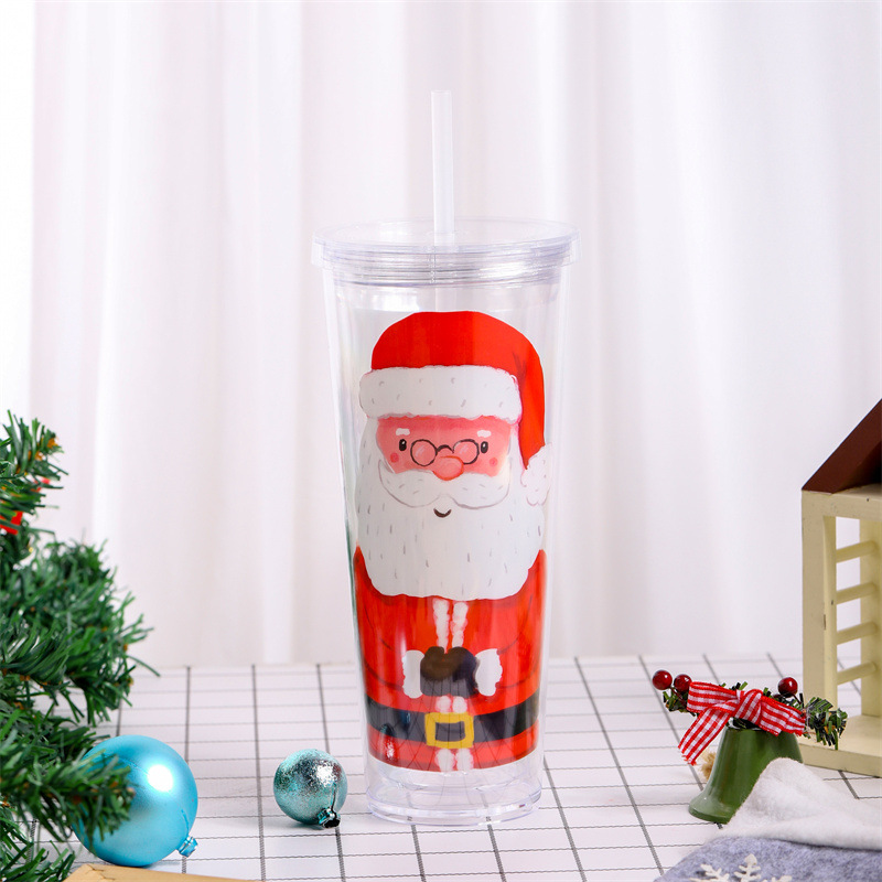 Christmas 24oz Acrylic Plastic Snow Globe Mugs with Lids and Straws