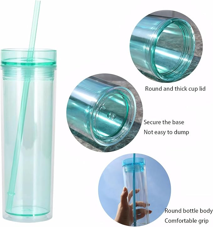 16oz Straight Snow Globe Plastic Cups with Colored Straw and Lids 40pcs