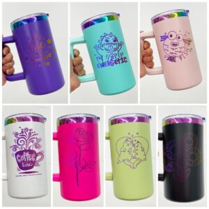 display-of-rainbow-plated-20oz-coffee-mugs-with-removable-plastic-handle