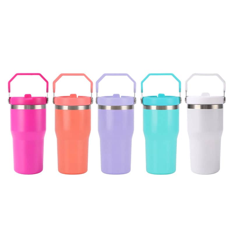 20oz Flip Straw Travel Mug with Silver Rim for Laser Engraving