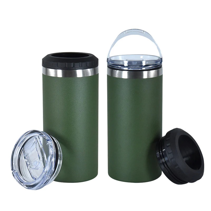 green-16oz-powder-coated-can-cooler-with-two-lids-and-bottom-with-opener