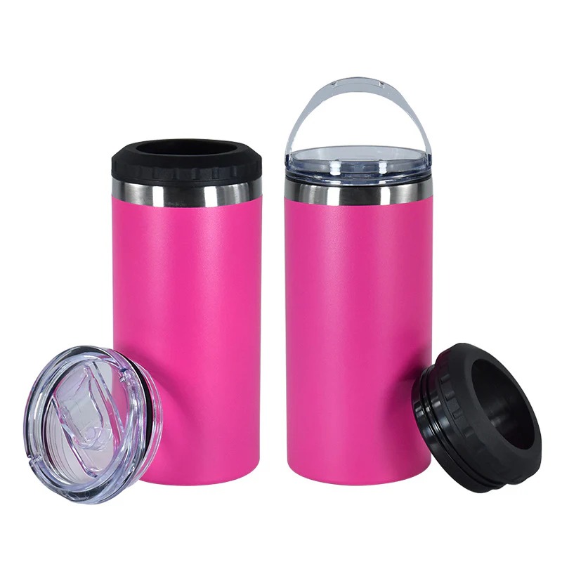 pink-16oz-powder-coated-can-cooler-with-two-lids-and-bottom-with-opener