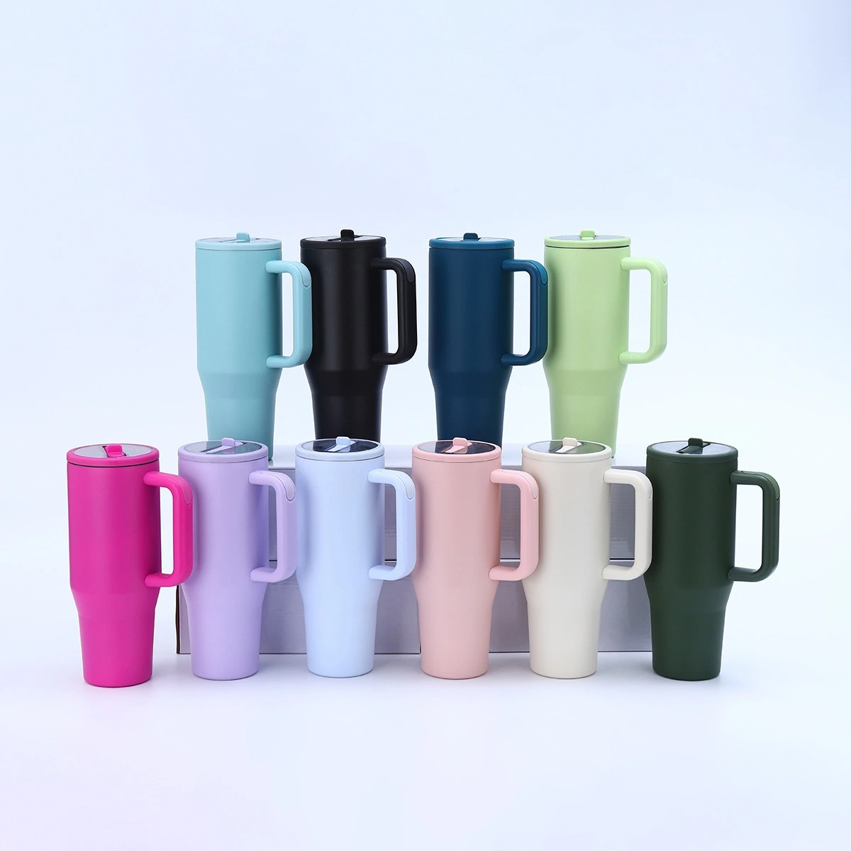 display-of-40oz-powder-coated-tumblers-with-handle-for-laser-engraving