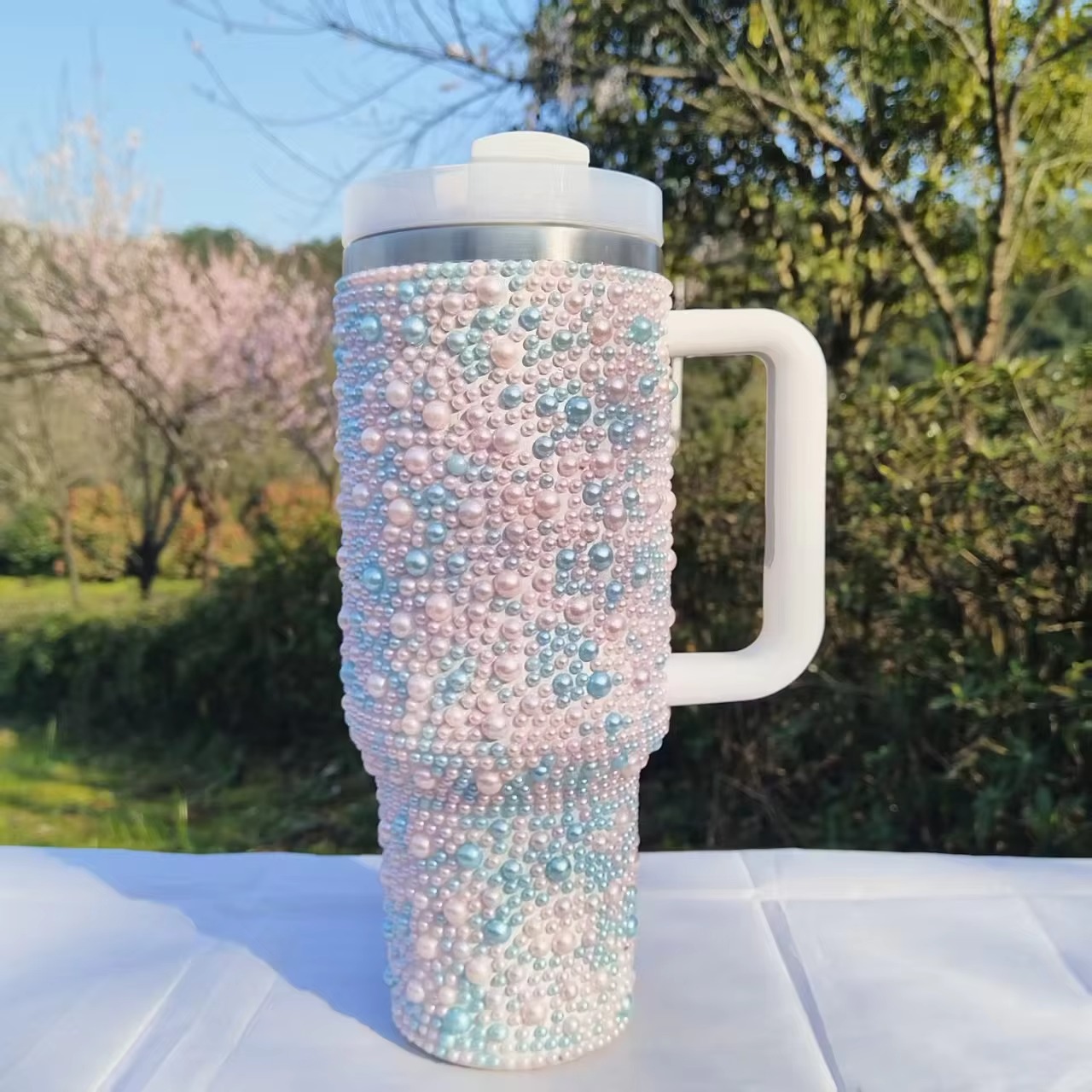 pink-blue-40oz-colored-stainless-steel-pearls-tumbler-water-bottle-with-handle