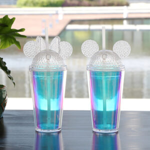 500ml Iridescent Plastic Cups with Mickey Mouse Ears Lids 40pcs