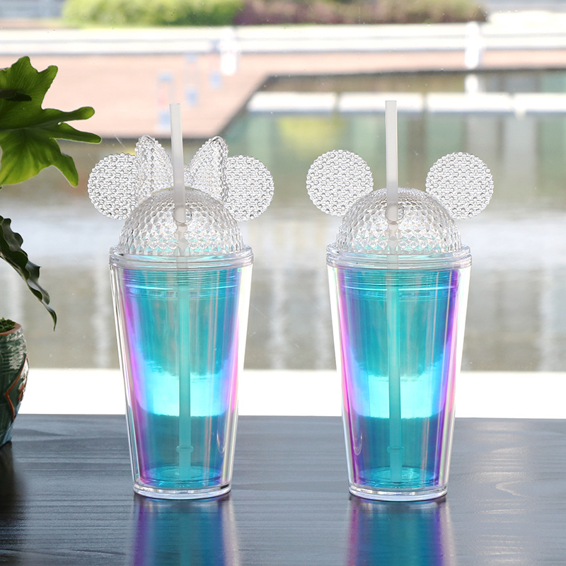 500ml Iridescent Plastic Cups with Mickey Mouse Ears Lid