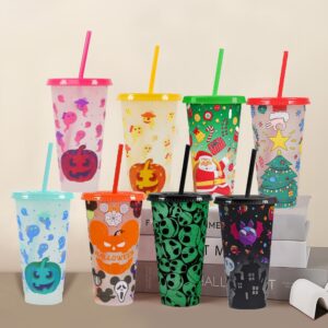 Halloween Christmas 24 oz Plastic Color Changing Straw Cup with Lid 100pcs