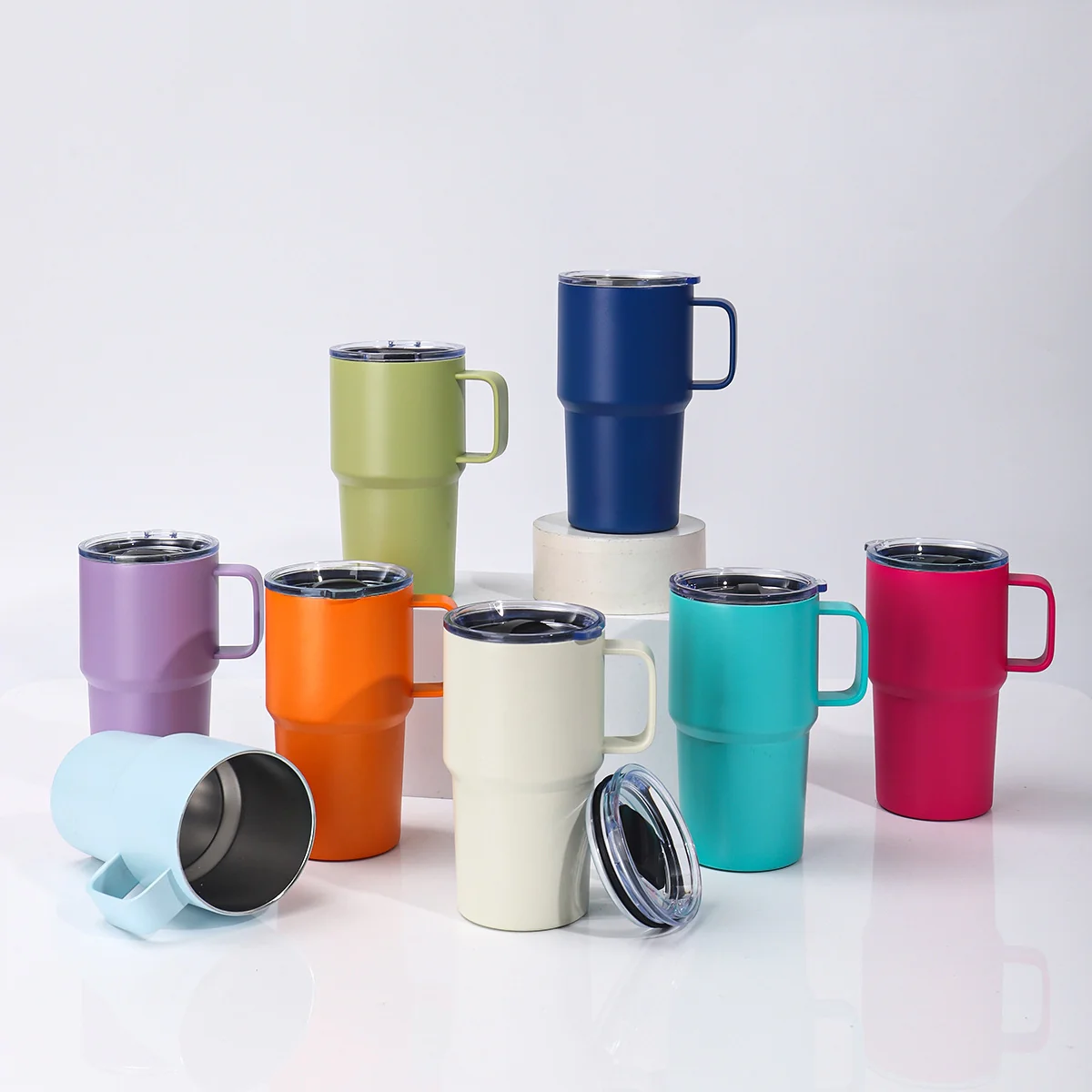 16oz Powder Coated Car Tumblers with Handle and Black Magnetic Lids