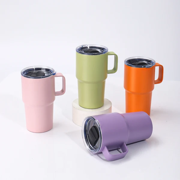 16oz Powder Coated Car Tumblers with Handle and Black Magnetic Lids